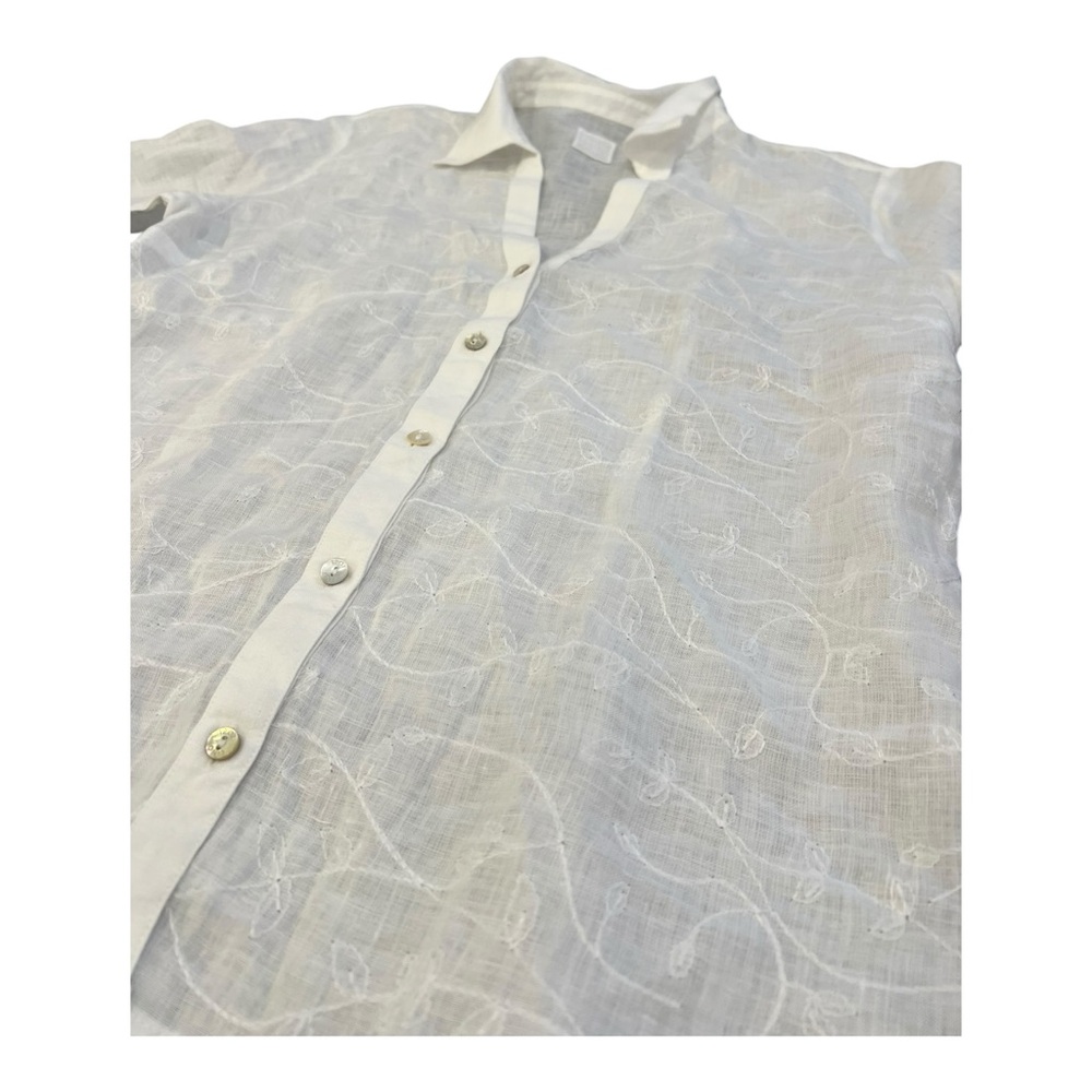 120% Lino Embroidered Blouse White 3/4 Sleeve Button Down Blouse Size Small - Picture 3 of 11